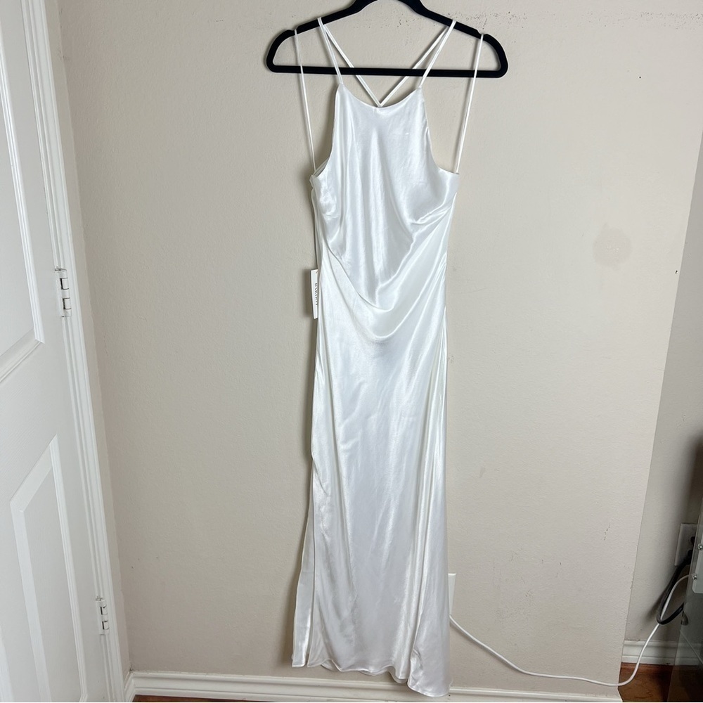 Bardot Slip Dress Large US 8 Mila Cowl Back Orchid White Midi Slit Satin Bridal - Picture 2 of 11